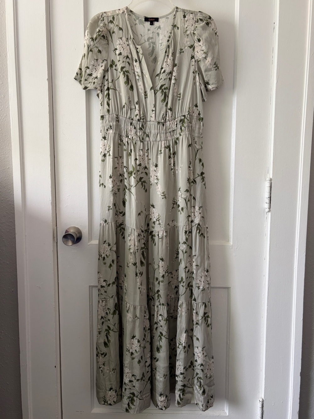 Quince Silk Sage Green Floral Tiered Maxi Dress